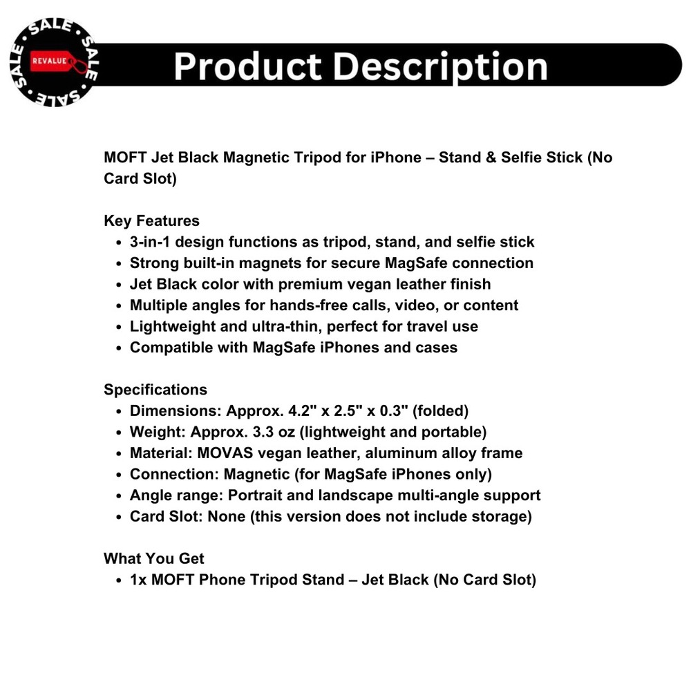 MOFT Jet Black Magnetic Tripod for iPhone – Stand & Selfie Stick (No Card Slot) - Picture 2 of 13